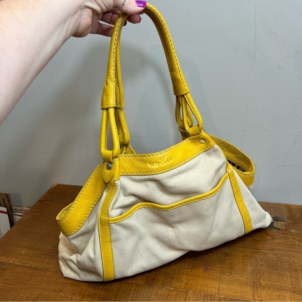 Hogan natural canvas and yellow leather handbag purse satchel